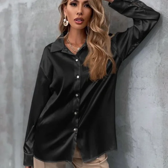 Black Classic button up Satin Boyfriend Work Top Minimalist - Picture 2 of 16